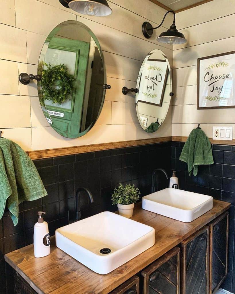 rustic bathroom with shiplap walls