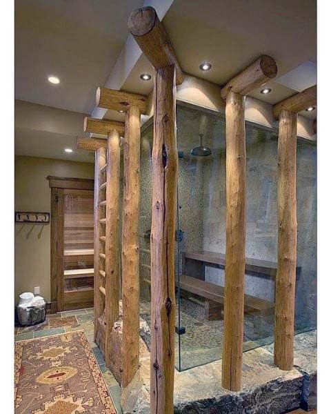 Rustic shower room with wooden beams and stone walls exudes a cozy charm