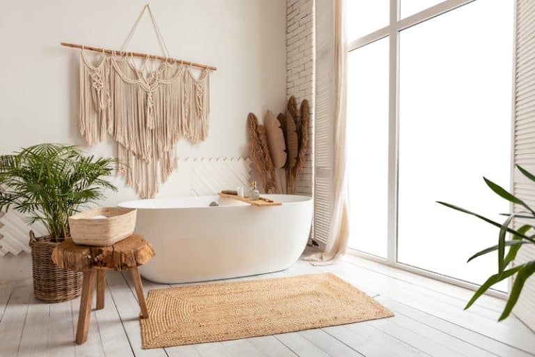 rustic bathroom with white tub