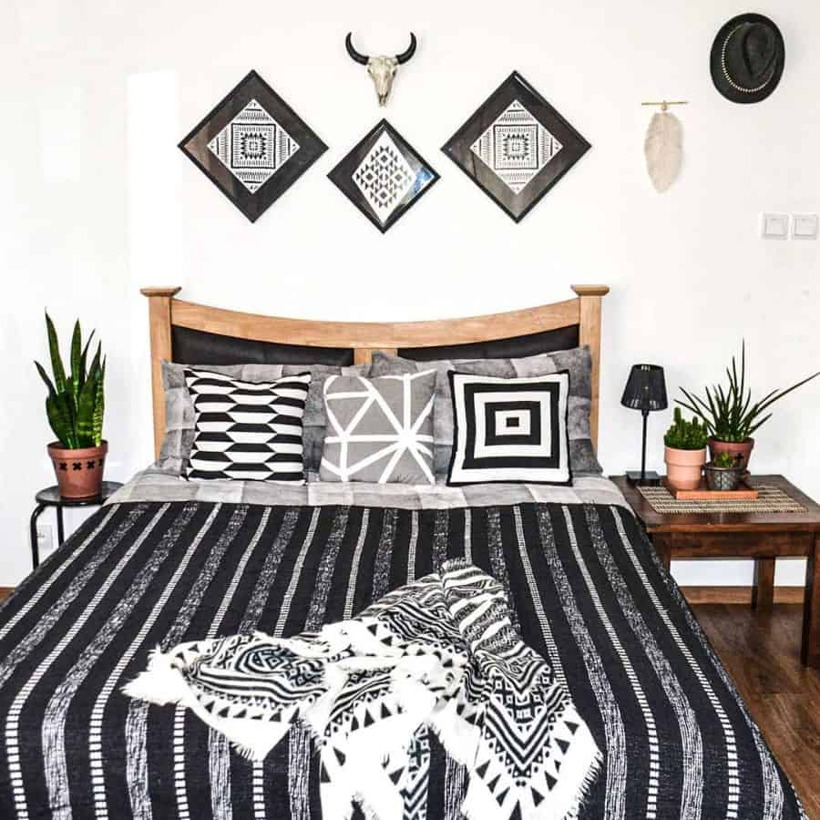 rustic boho bedroom with wood bed