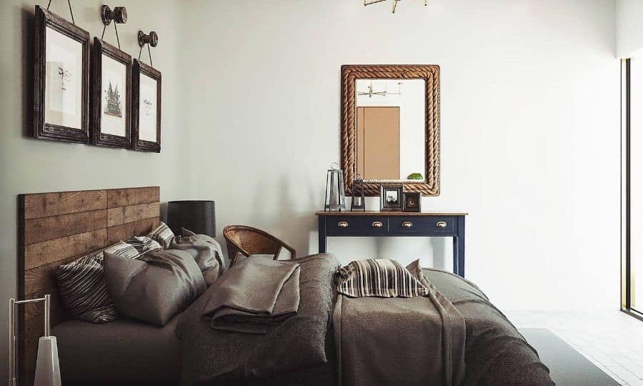 modern rustic bedroom with wood headboard and rope mirror