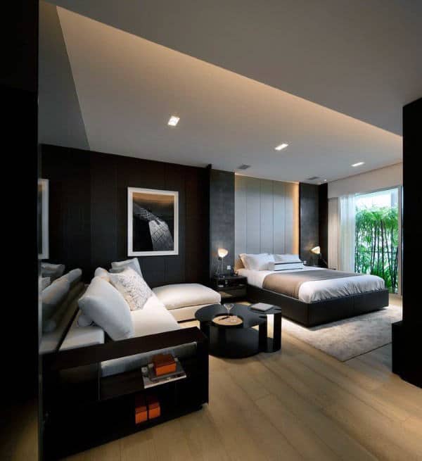 luxury black modern bedroom with sofa and bed