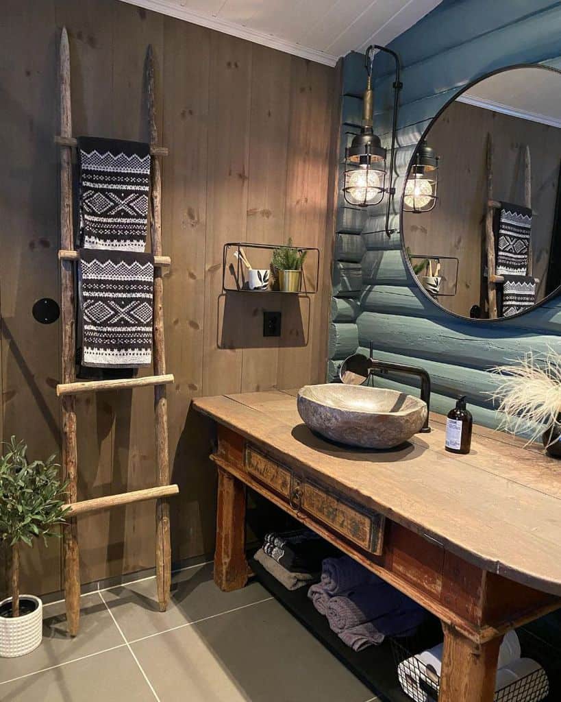 rustic cabin bathroom with decorative ladder