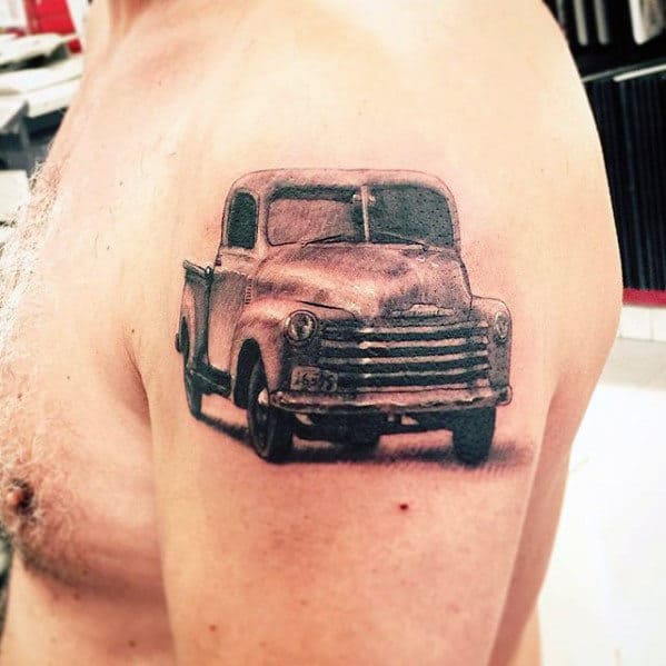 Rustic Chevy Truck Guys Upper Arm Shaded Tattoo Designs