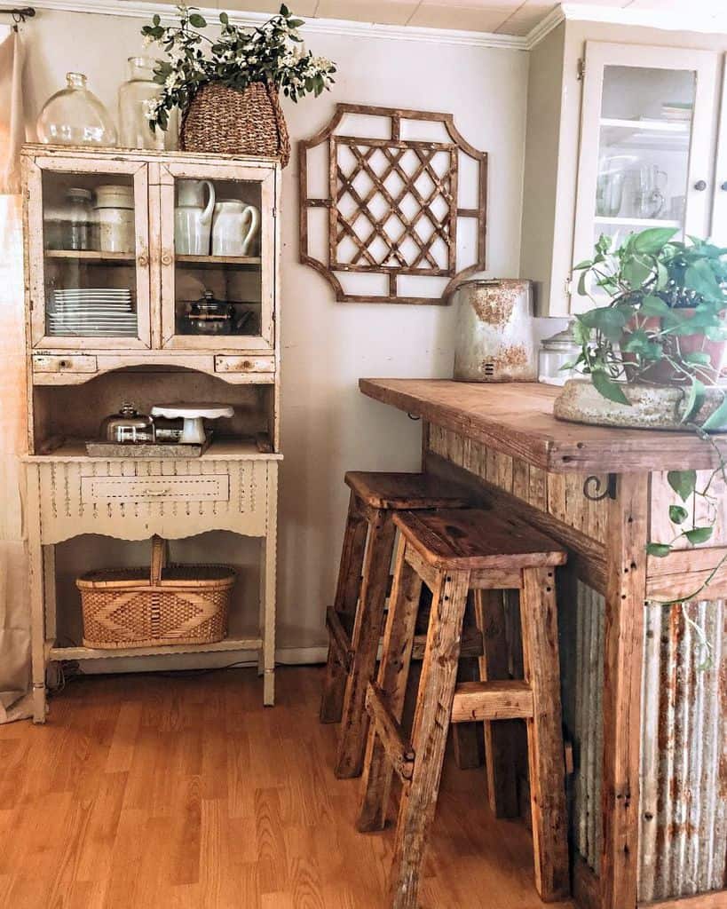 rustic kitchen vintage cabinet wood breakfast bar and two stools
