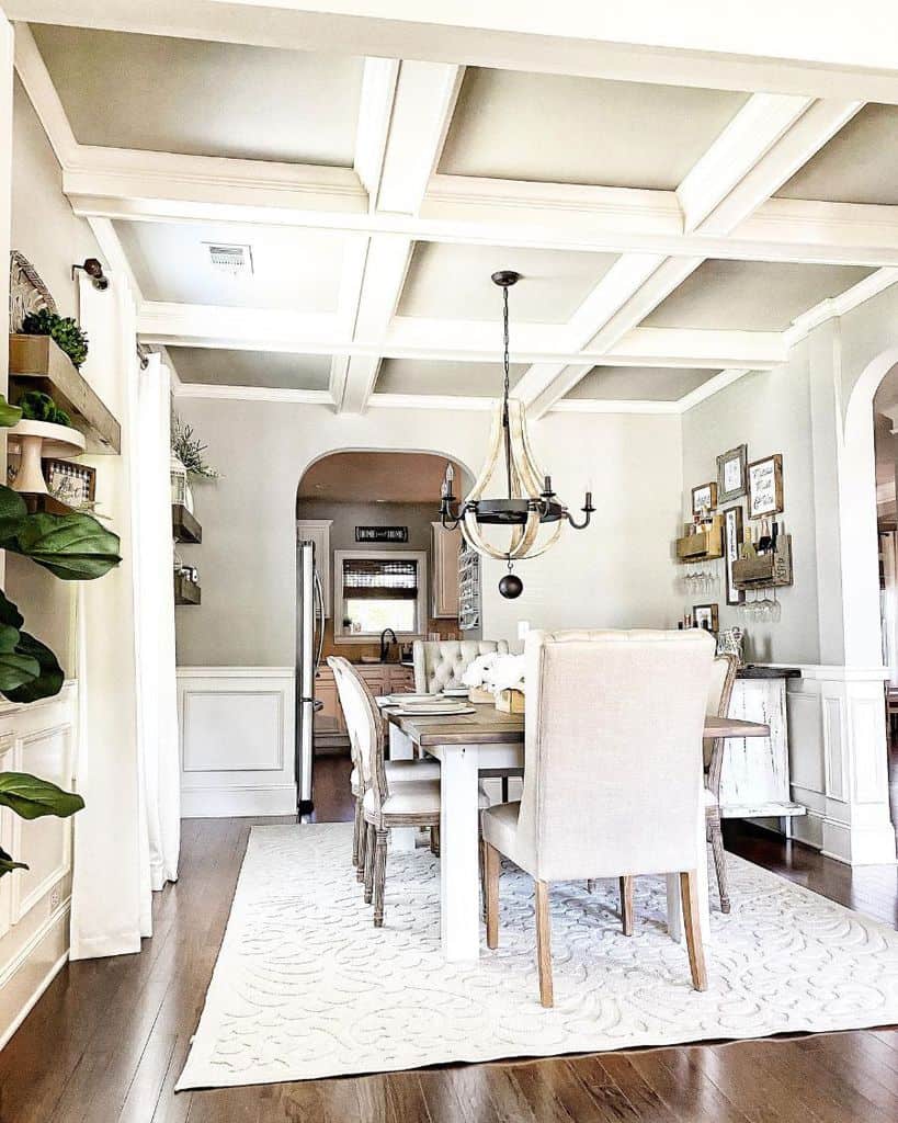 rustic dining room with coffered ceiling and dining room