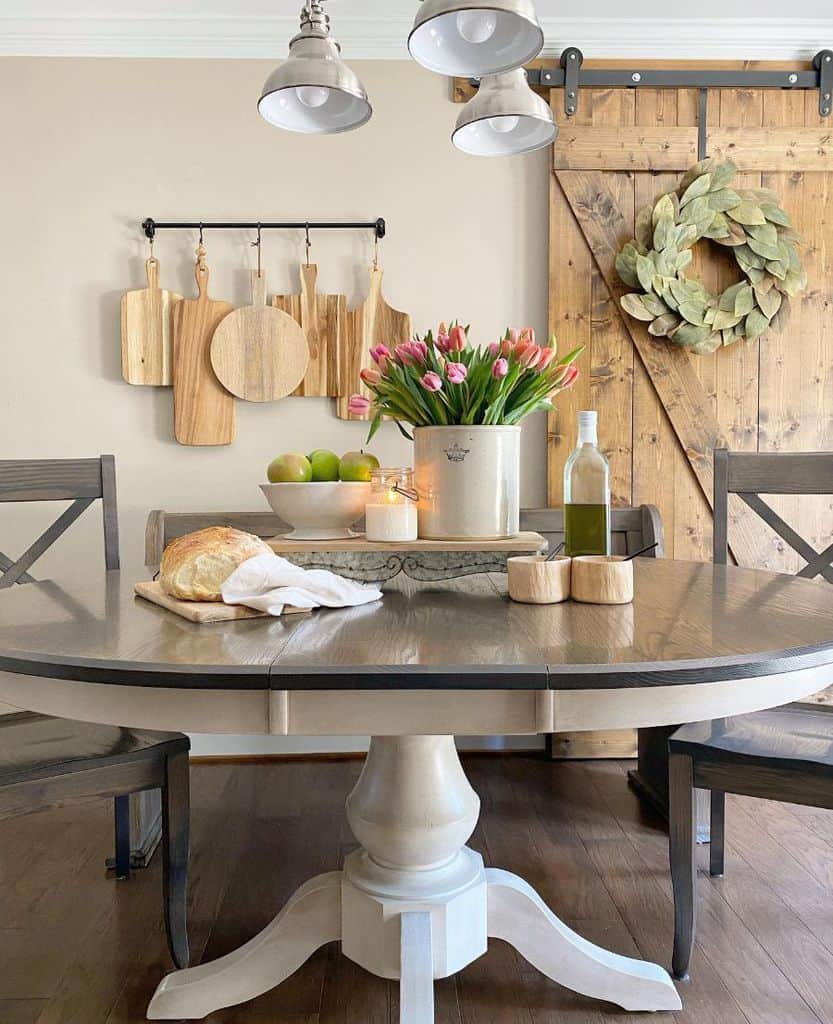 rustic farmhouse dining room with barn door
