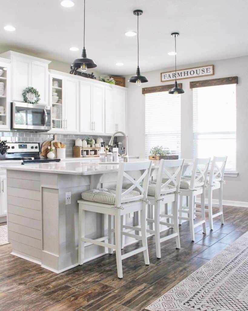 white rustic farmhouse kitchen with wood vinyl floor