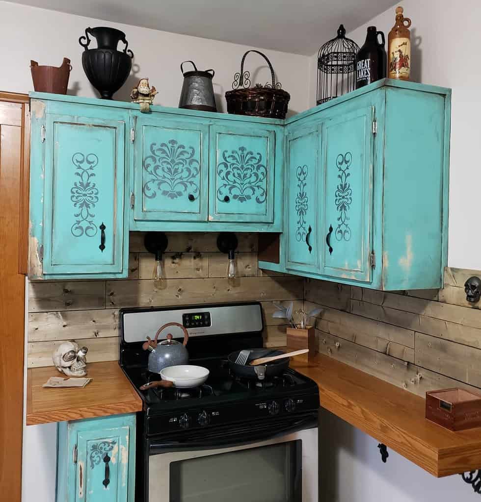 rustic farmhouse kitchen turquoise wall kitchen cabinets