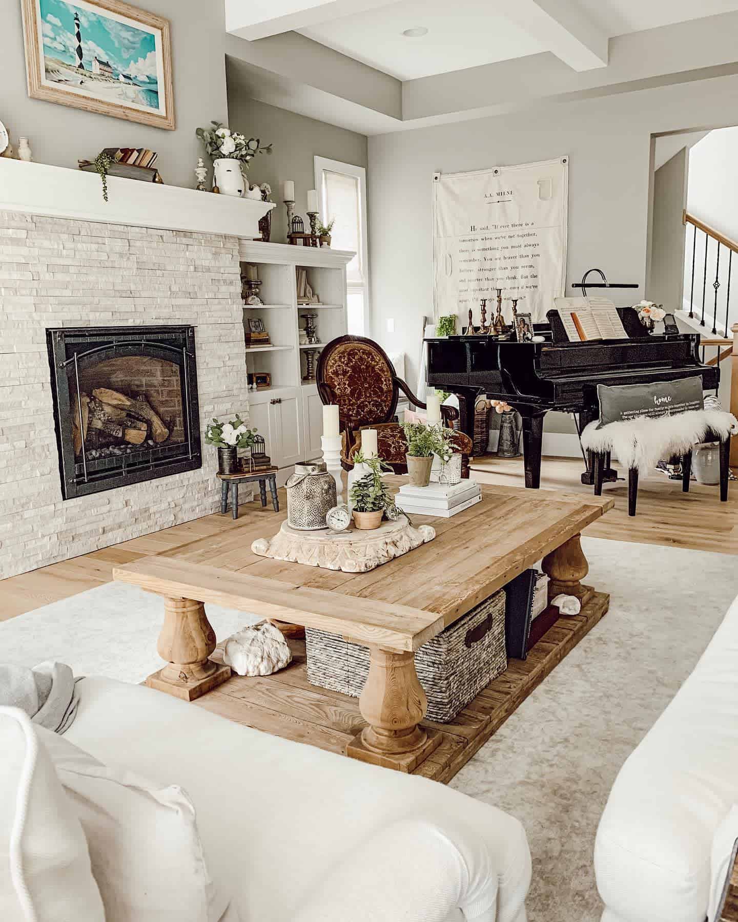 rustic farmhouse grand piano wood coffee table fireplace pot plants 