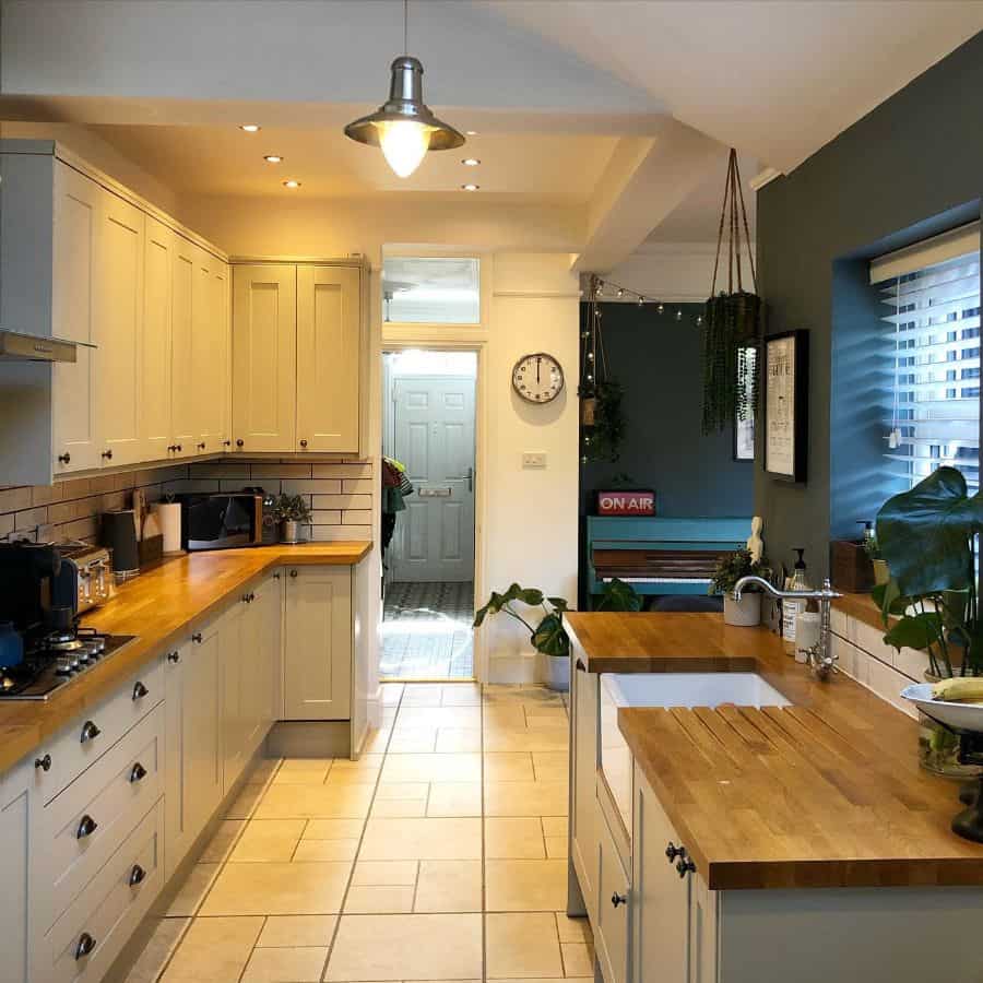 rustic galley kitchen ideas white cabinets wood bench tops