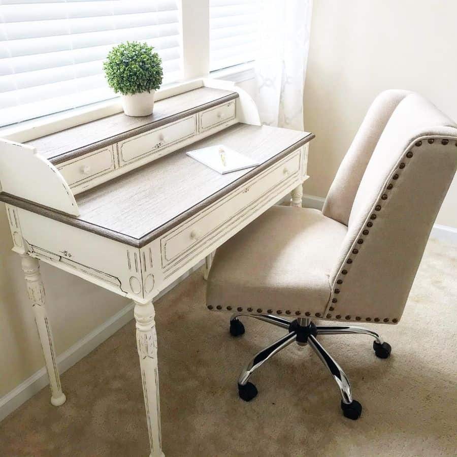 vintage white rustic office desk with draws white office chair 