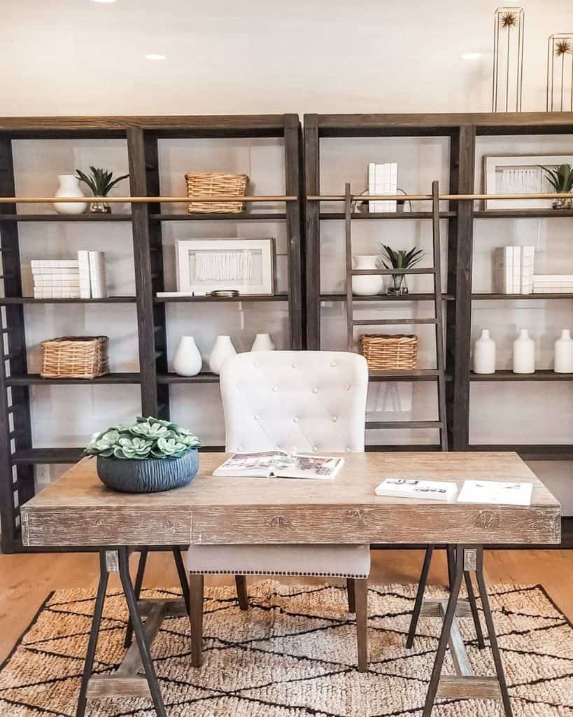 rustic home office wood desk with metal legs wood shelves with ladder 