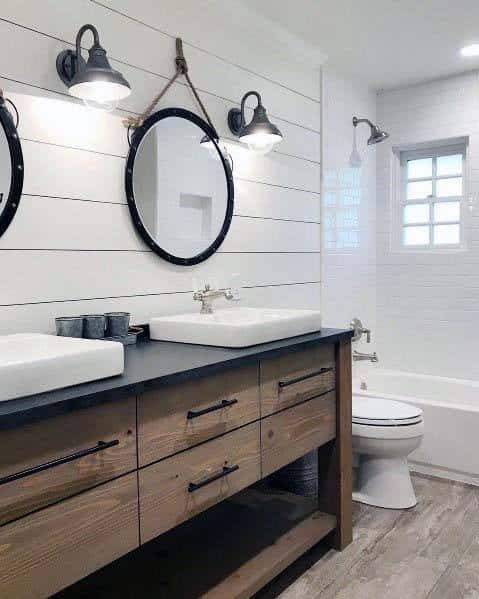 shiplap wall in bathroom with wood vanity