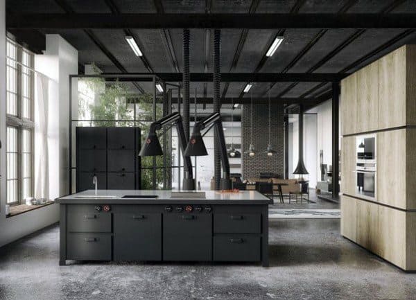 Rustic industrial kitchen with exposed beams, dark cabinetry, and modern pendant lighting.