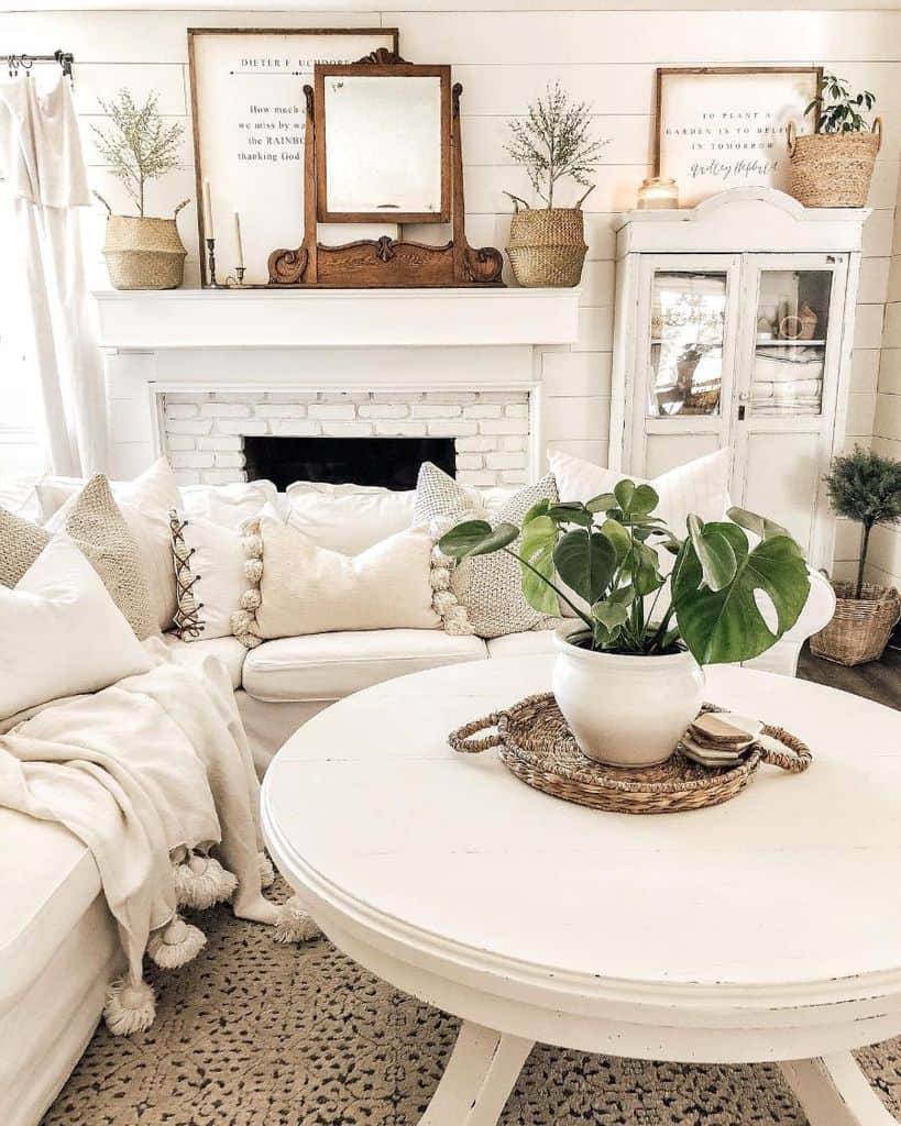 white rustic living room with brick fireplace