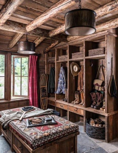 rustic log cabin mudroom locker
