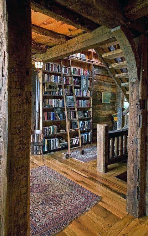 Cozy cabin interior with wooden beams, bookshelves, a ladder, and rustic decor