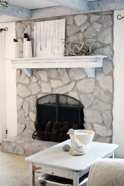 Rustic Look White Painted Stone Fireplace Ideas