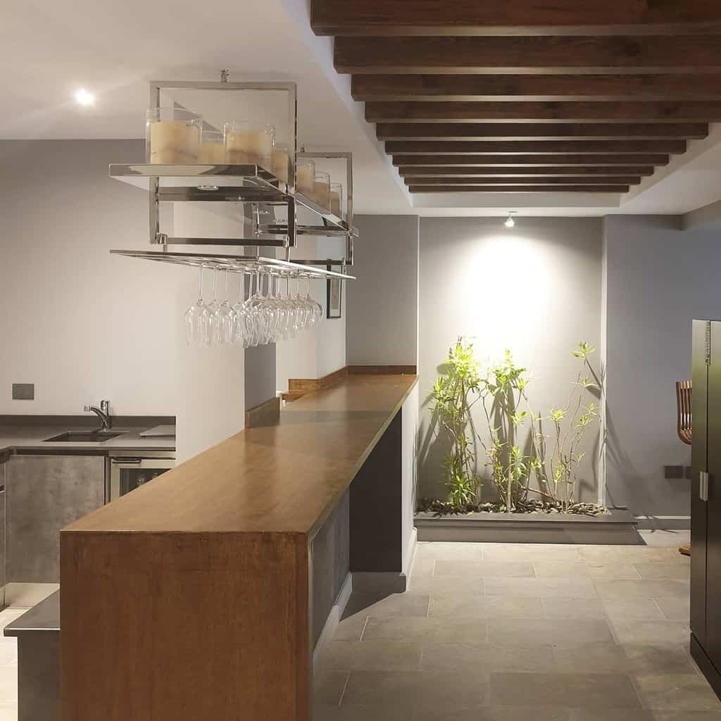 rustic low ceiling basement bar