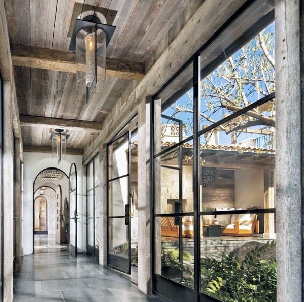 Rustic Metal And Glass Unique Hallway Lighting Designs With Wood Ceiling