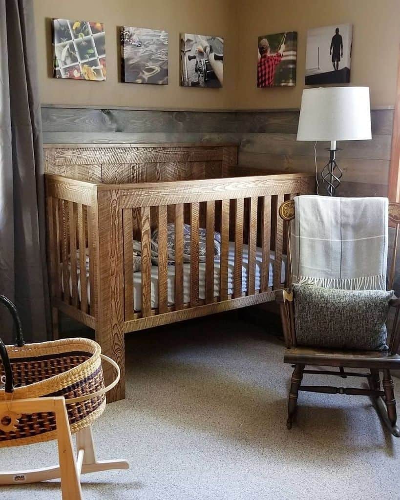 rustic nursery wood crib canvas wall art wood shiplap wall small rocking chair