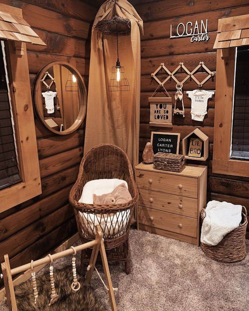 rustic nursery wicker crib wood dresser wall mirror wicker basket wood play set