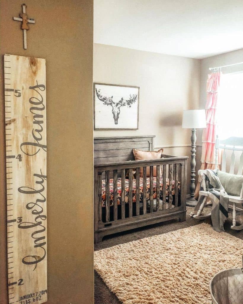 rustic nursery wood crib white rocking chair lamp height ruler