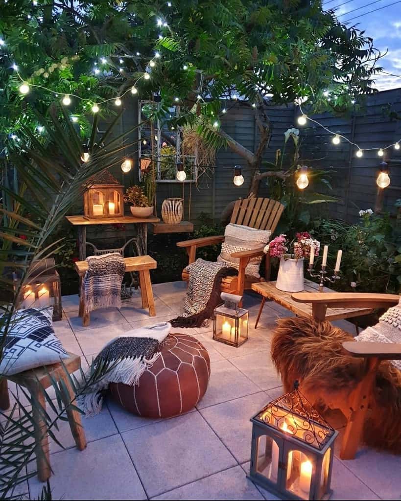 rustic patio with vintage wood furniture