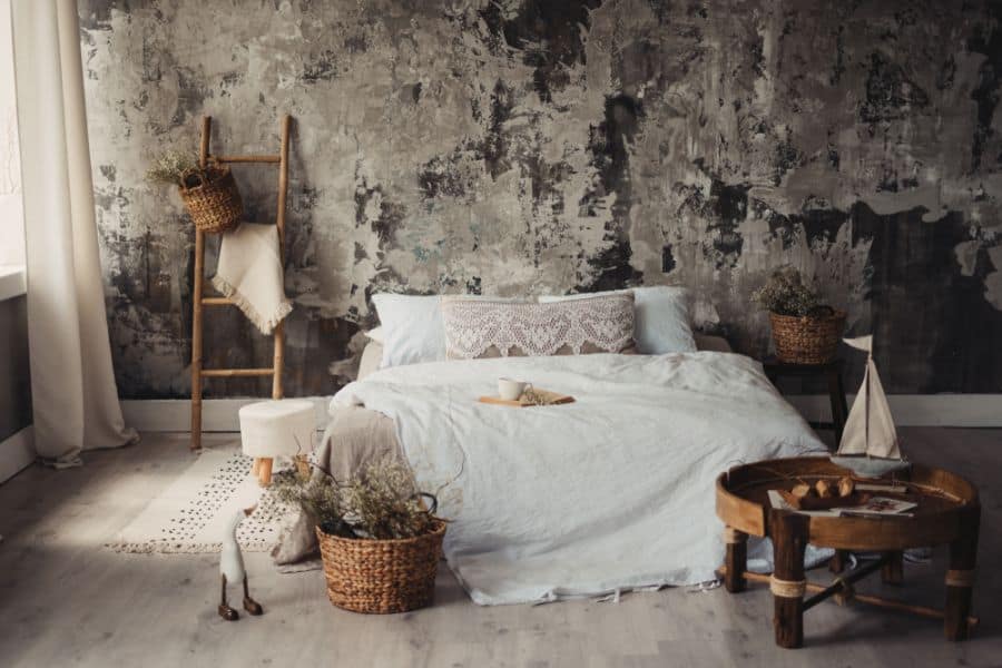 rustic romantic bedroom with platform bed