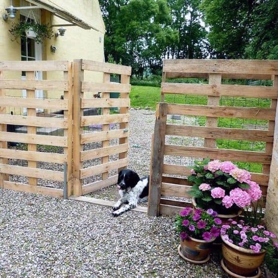 Dog resting by a wooden fence with potted flowers, against a yellow house backdrop