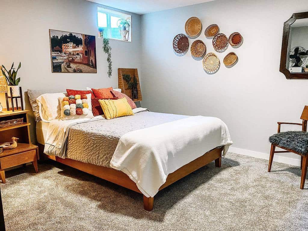 rustic small basement with gray carpet