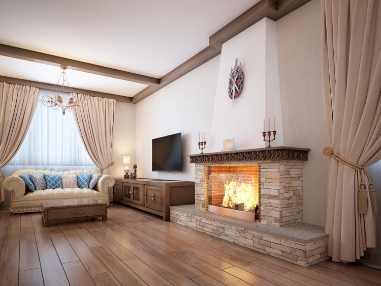 rustic country living room with brick fireplace