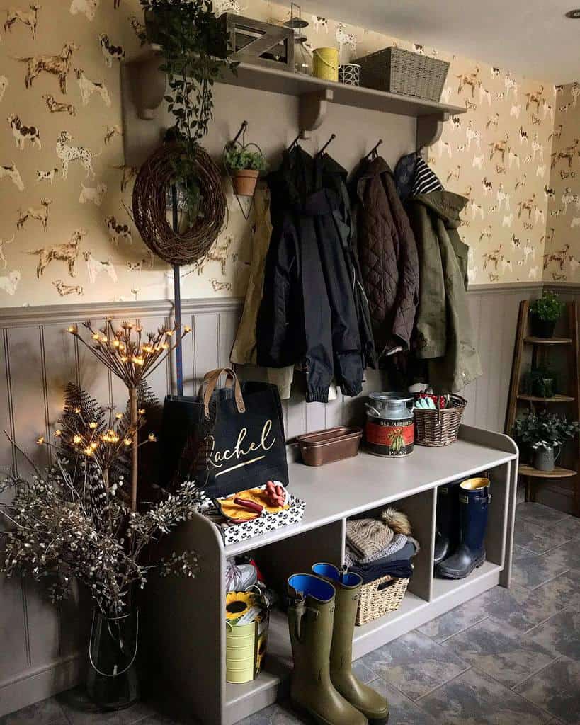 rustic room two tone wall dog wallpaper gray wood paneling