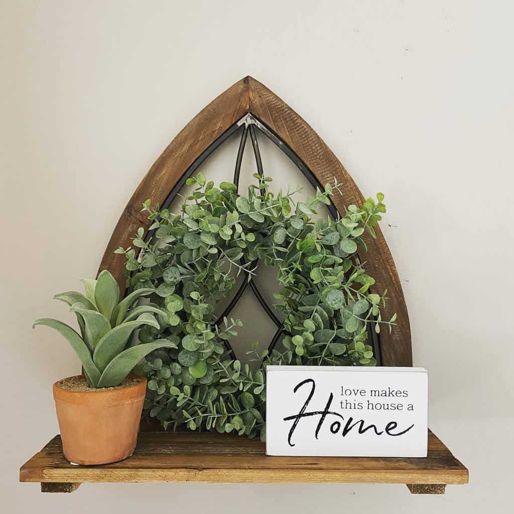 rustic wall shelf with plants