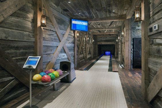rustic wood home bowling alley colorful bowling balls