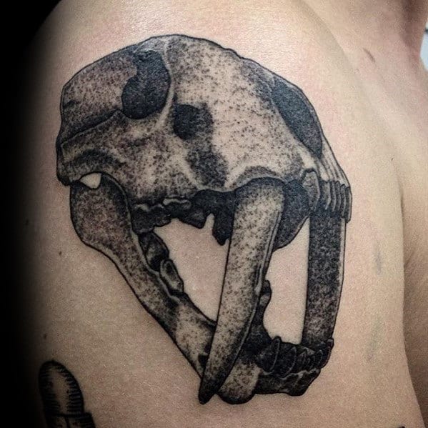 Saber Tooth Tiger Animal Skull Mens Upper Arm Tattoo