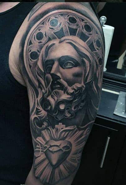 Sacred Heart And Jesus Christ Half Sleeve Tattoo Designs For Males