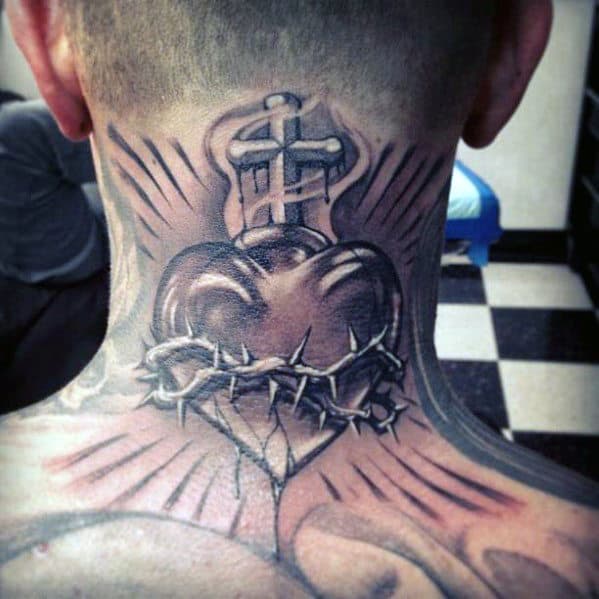 Sacred Heart With Thorns Mens Back Of Neck Tattoos