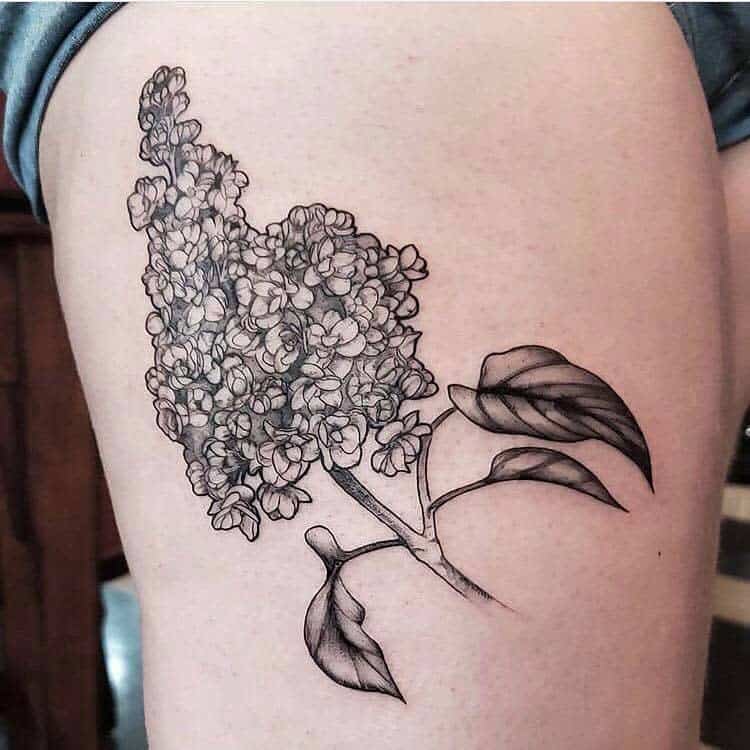 Black and grey tattoo of a detailed lilac branch with fine-line shading and delicate leaves, placed on the upper thigh.
