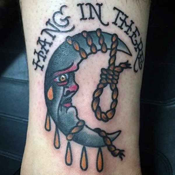 Sad New Moon And Rope Hope Message Tattoo Male Forearm