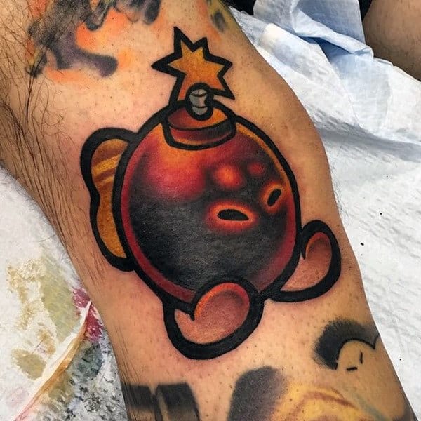 Sad Red Circular Bomb Tattoo Male Forearms