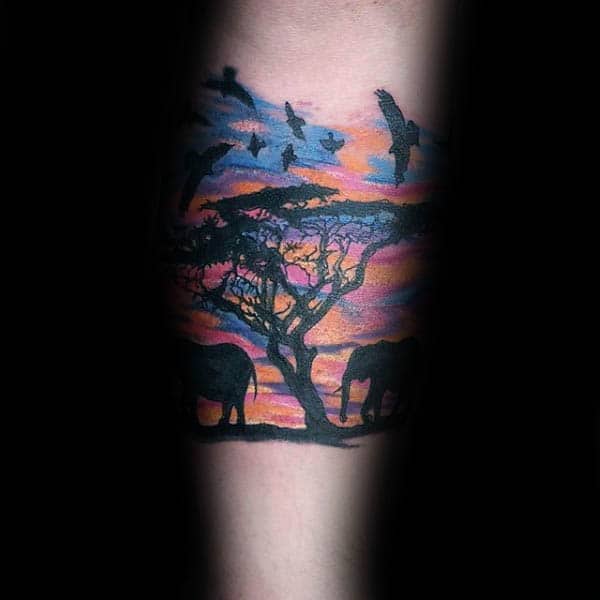 Safari Elephant Silhouette Mens Quarter Sleeve Tattoo