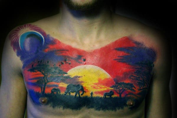 Safari Male Sunset Landscape Chest Tattoo