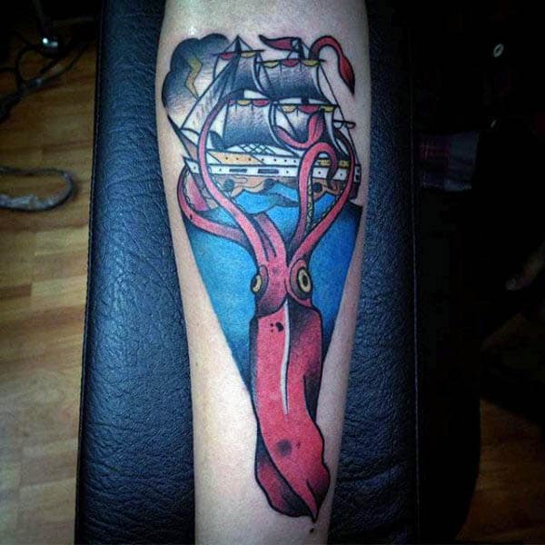 Sailboat And Red Squid Tattoo With Blue Ocean Tattoo For Men
