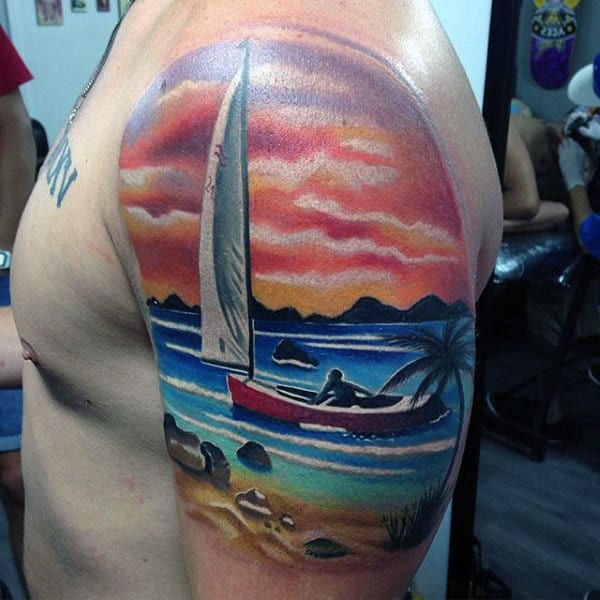 Sailboat Artistic Ocean Themed Mens Quater Sleeve Tattoo