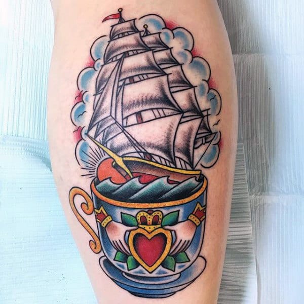 Sailboat Claddagh Coffee Mug Mens Leg Calf Tattoo