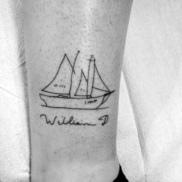 Sailboat Sketched Simple Line Mens Lower Leg Tattoo