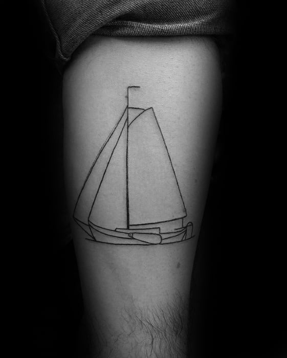 Sailboat With Outliens Guys Small Creative Thigh Tattoos
