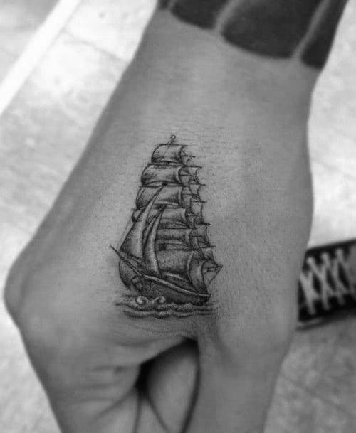 Sailing Shaded Ship Mens Small Tattoo Designs On Hand